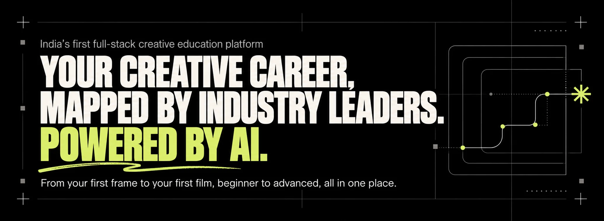 India’s first full-stack creative education platform. Your creative career, mapped by industry leaders. Powered by AI. From your first frame to your first film, beginner to advanced, all in one place.